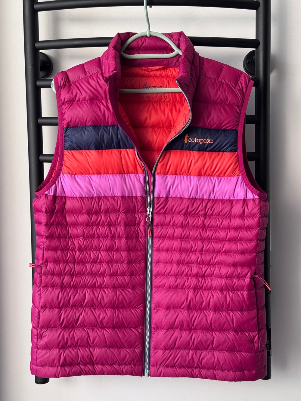 Cotopaxi Women’s Magenta Quilted Puffer Vest with Colorblock Stripes